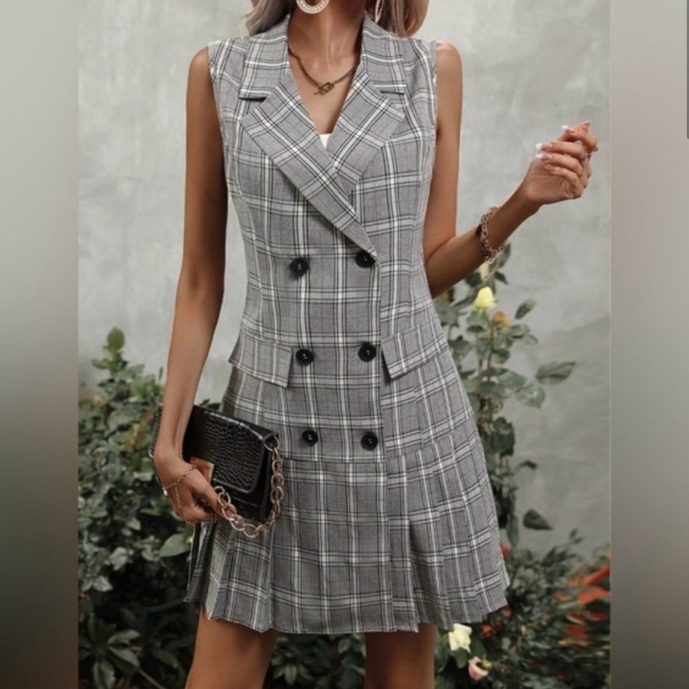 Plaid Double Breasted Pleated Hem Vest Blazer